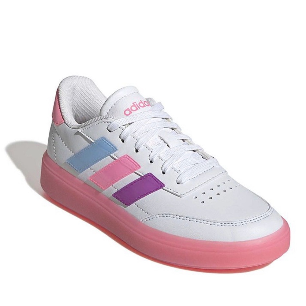 Adidas Big Girl Court Block Leather Tennis Sneakers Size 7 White Pink Shoes